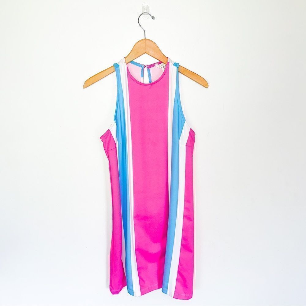 Mahi Gold Women’s Malibu Barbie Pink and Blue Retro Stripe Sleeveless Dress